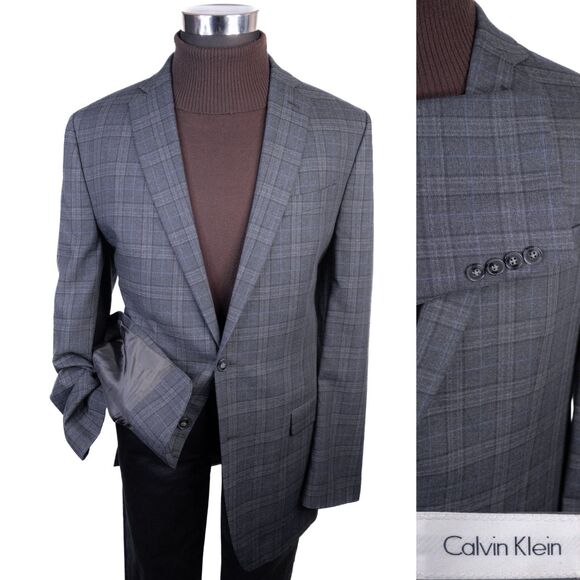 Calvin Klein Mens Two Button Plaid Blazer Wool Sport Coat Jacket Size 42XL - Picture 1 of 13